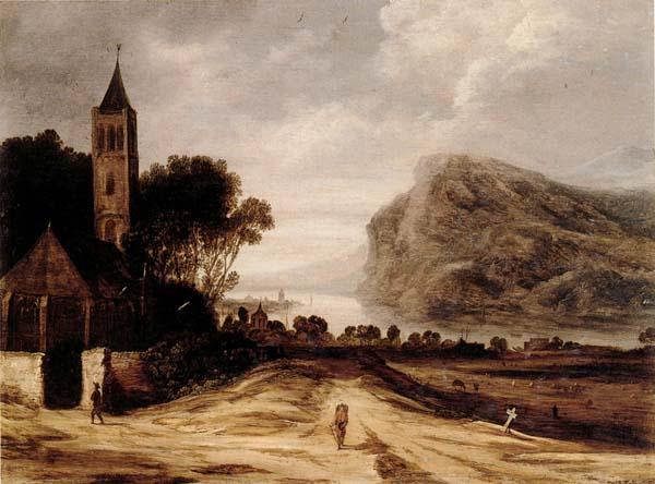Philippe de Momper An extensiver river landscape with a church,cattle grazing and a traveller on a track France oil painting art